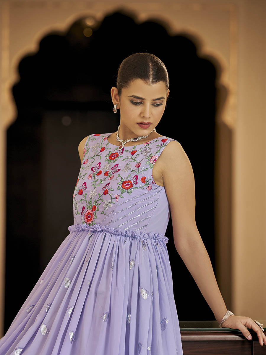 Myra Lavender Georgette Embroidered Gown | Grocsy