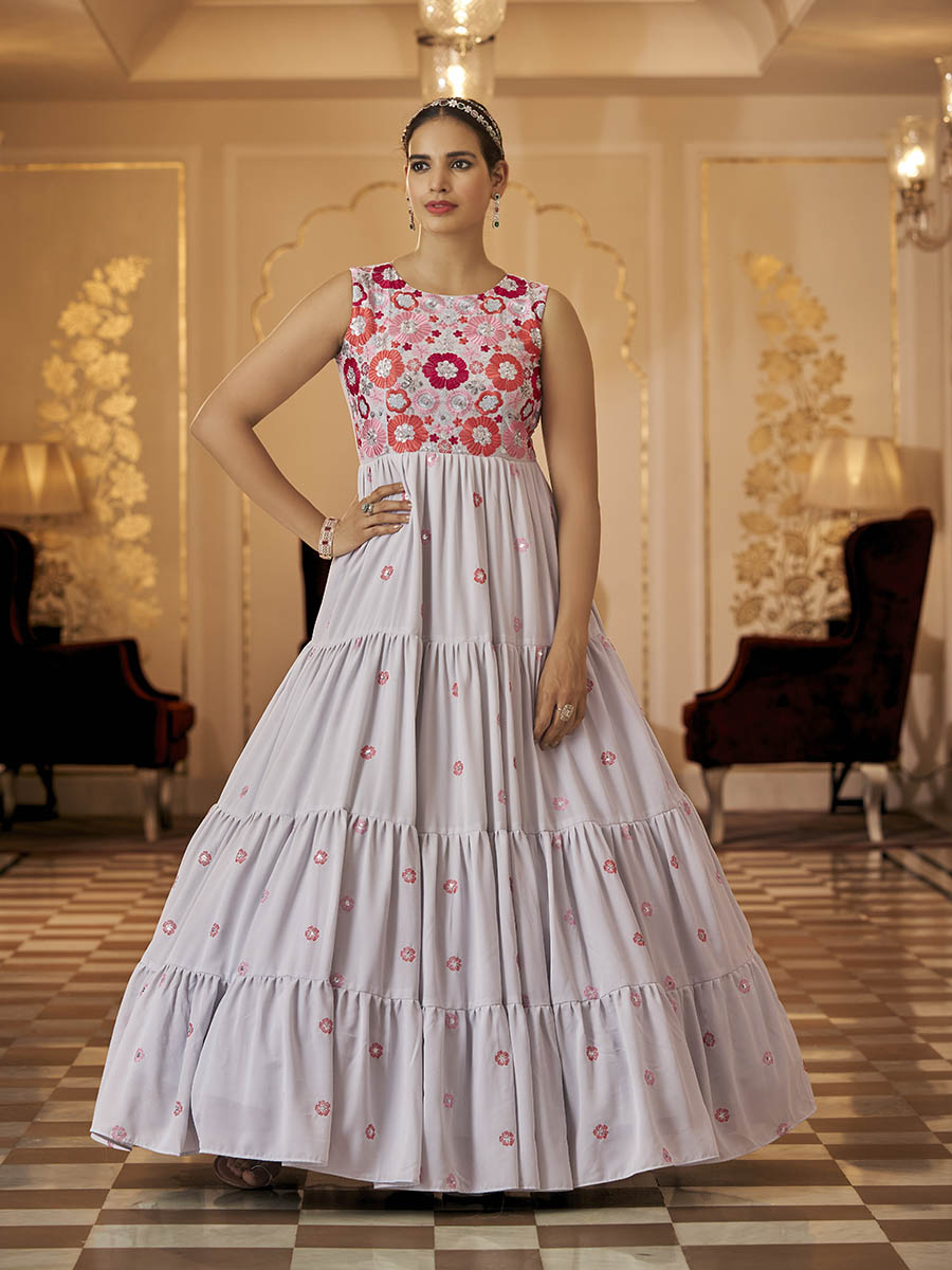 Myra Grey Georgette Embroidered Gown | Grocsy