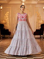 Myra Grey Georgette Embroidered Gown | Grocsy