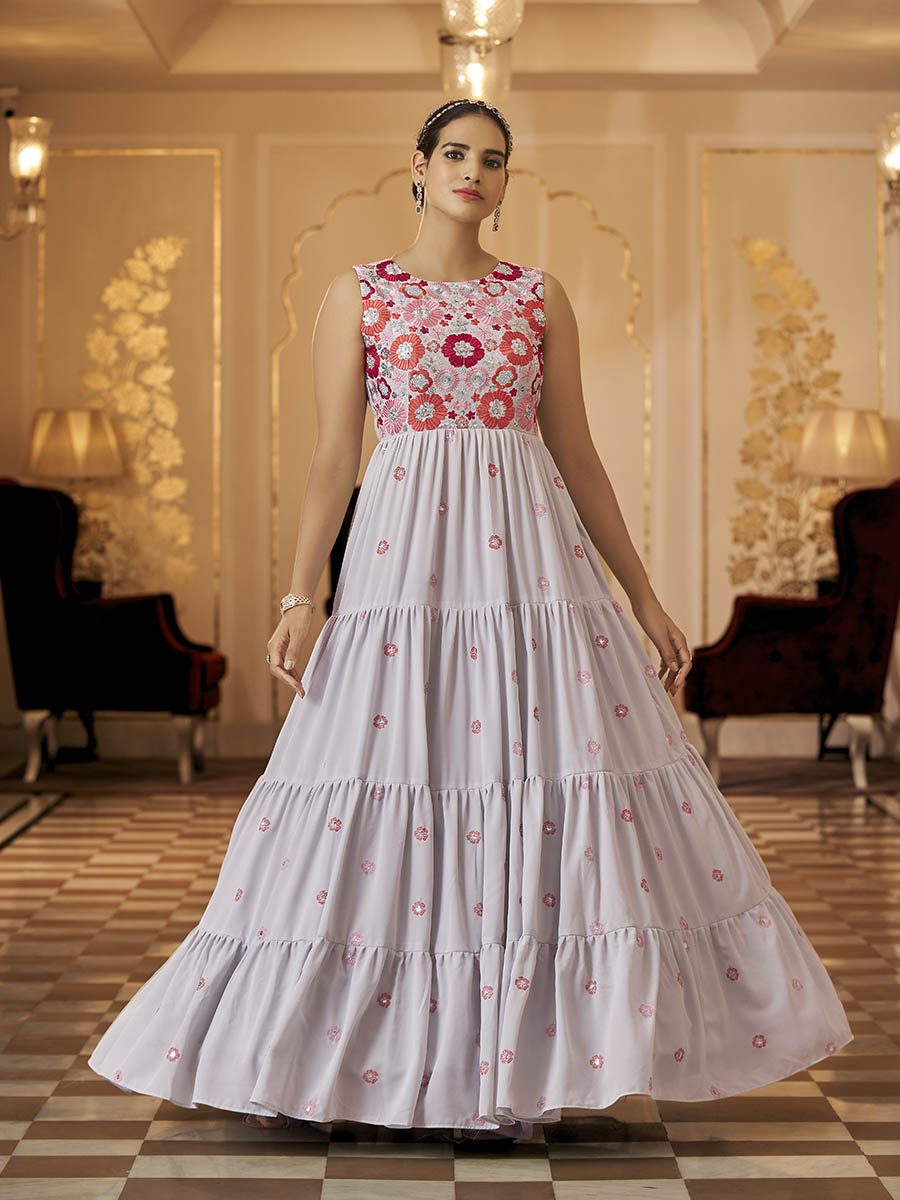 Myra Grey Georgette Embroidered Gown | Grocsy