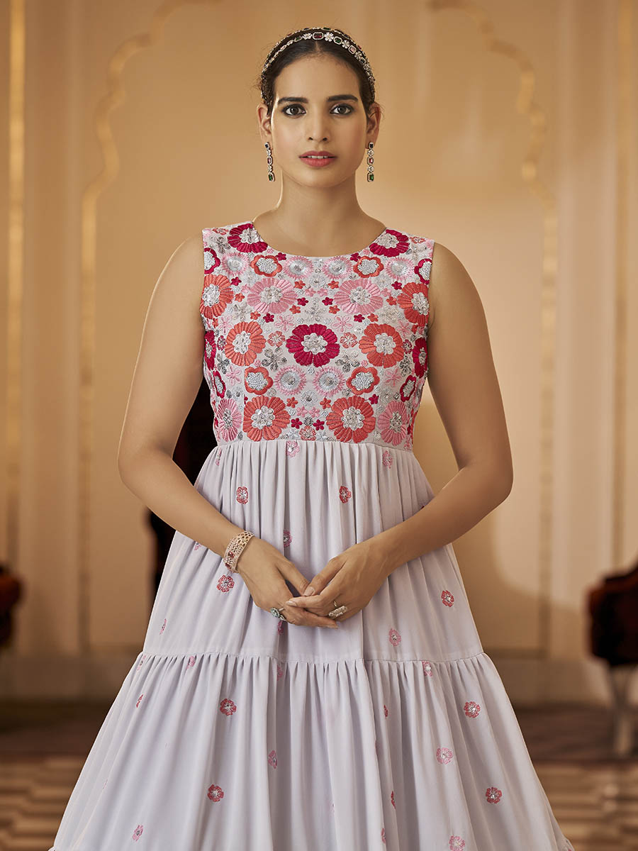 Myra Grey Georgette Embroidered Gown | Grocsy