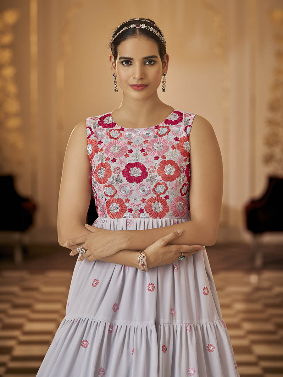 Myra Grey Georgette Embroidered Gown | Grocsy