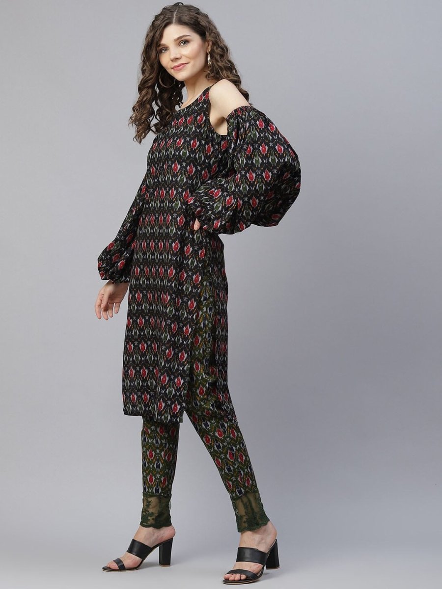 Aks Ethnic Motifs Printed Cold-Shoulder Sleeves Pure Cotton Kurta With Trousers | Grocsy