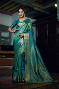 Vardha Teal Blue Golden Zari Kanjeevaram Silk Saree | Grocsy