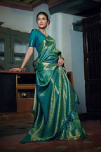 Vardha Teal Blue Golden Zari Kanjeevaram Silk Saree | Grocsy