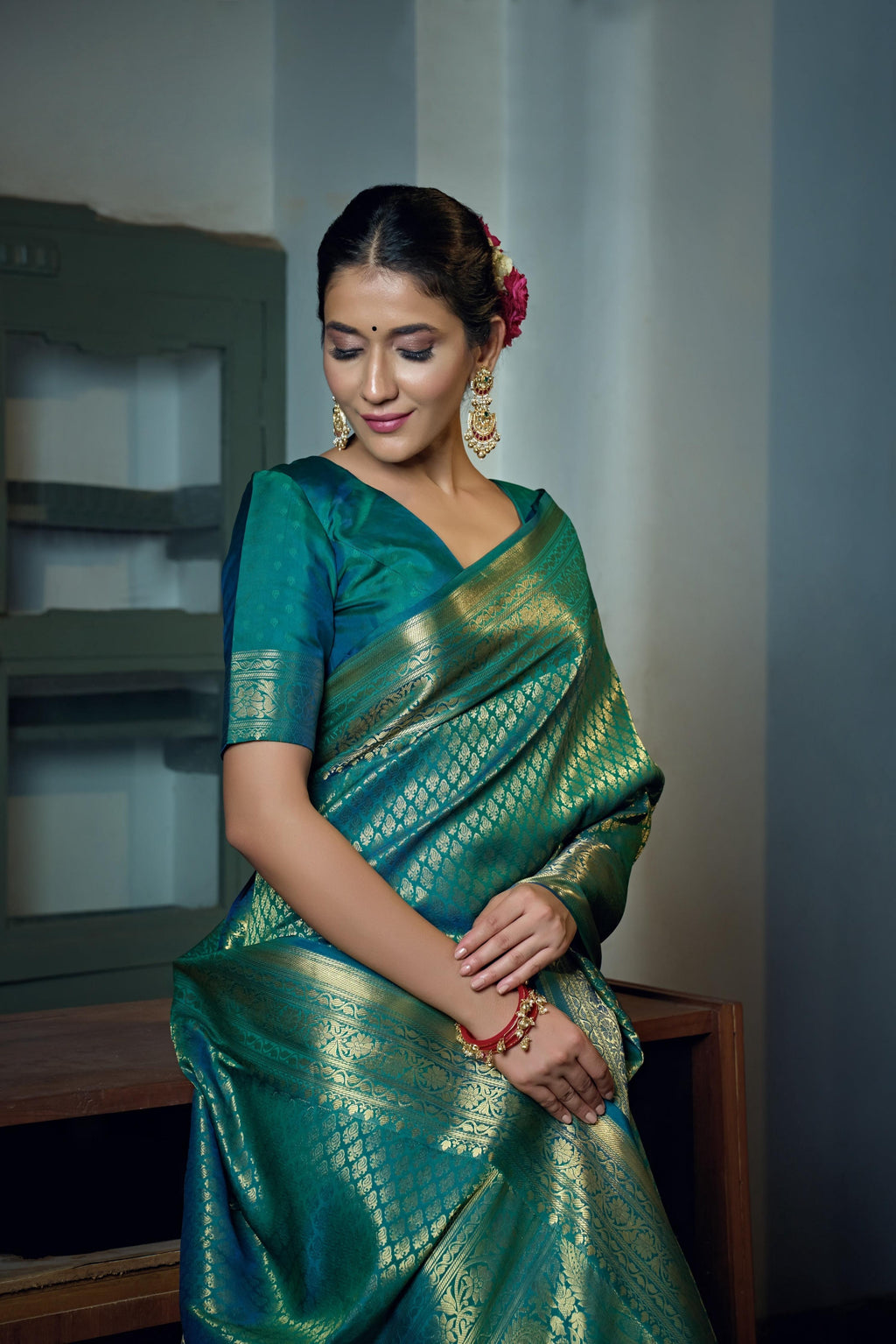 Vardha Teal Blue Golden Zari Kanjeevaram Silk Saree | Grocsy