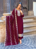 The52 Wine Embroidered Viscose Fabric Straight Kurta, Pant and Dupatta Set | Grocsy