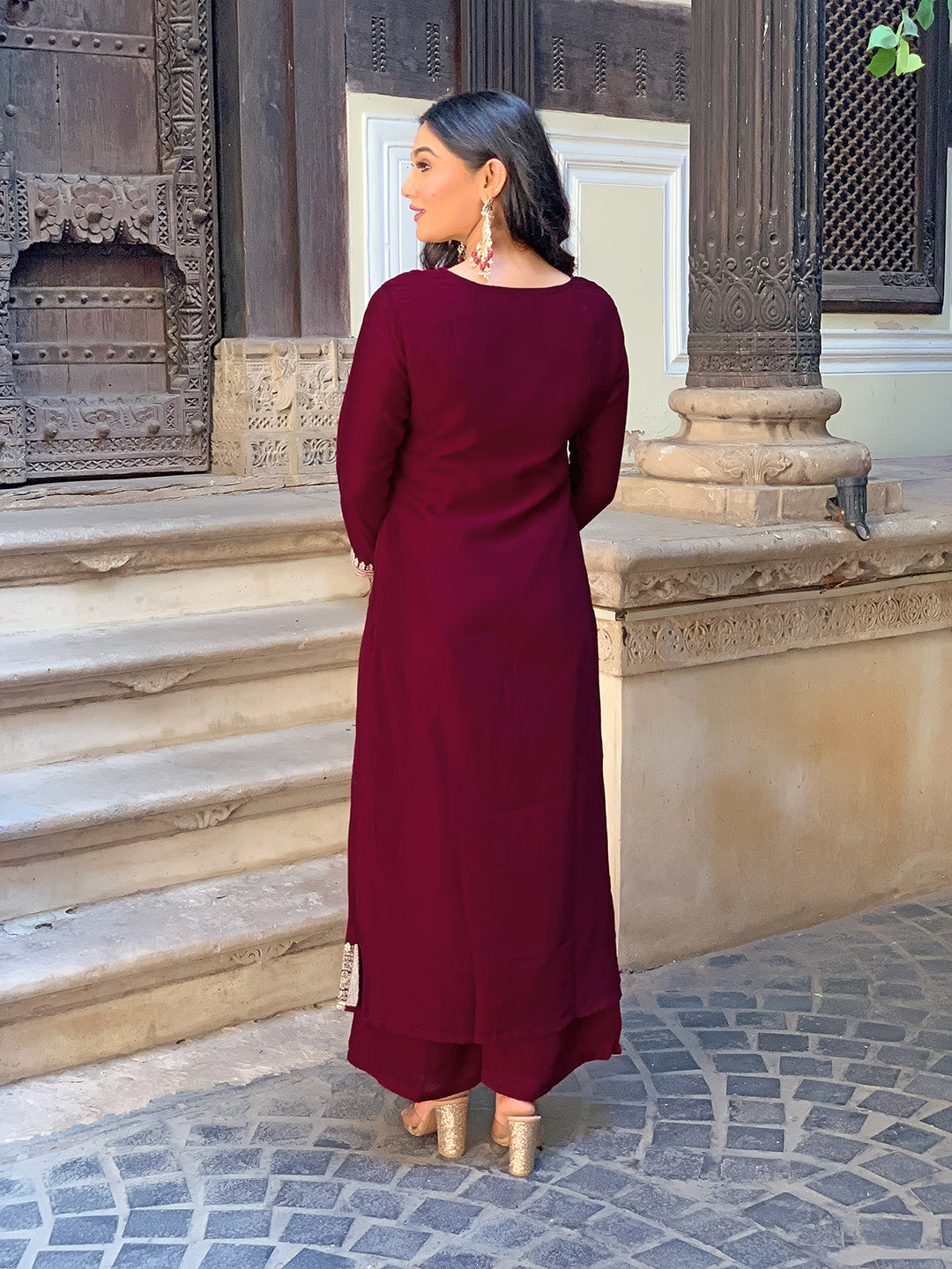 The52 Wine Embroidered Viscose Fabric Straight Kurta, Pant and Dupatta Set | Grocsy