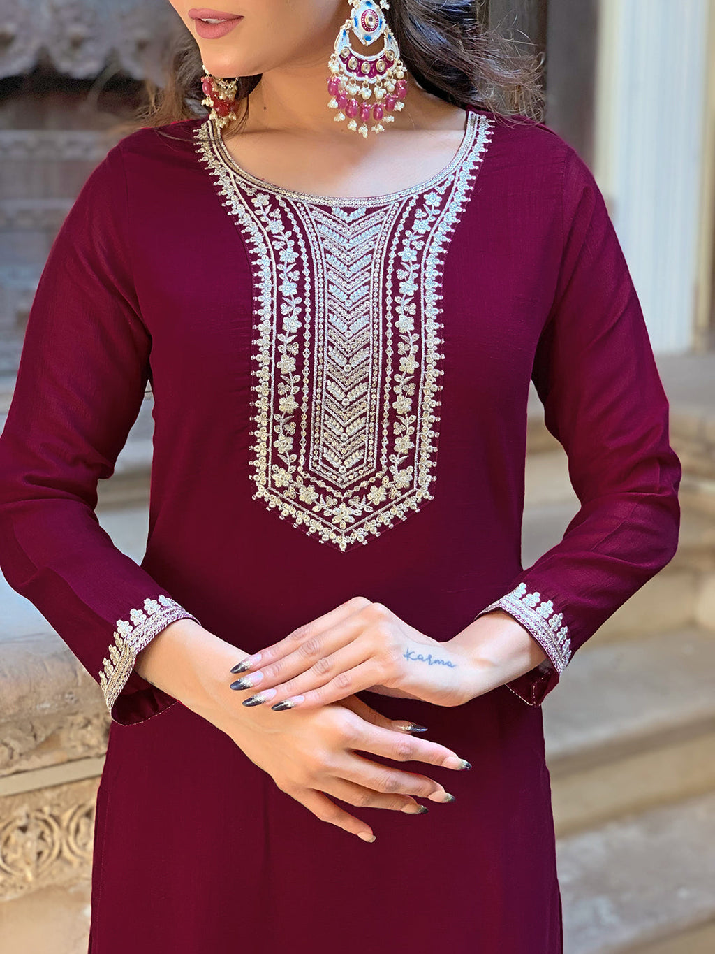 The52 Wine Embroidered Viscose Fabric Straight Kurta, Pant and Dupatta Set | Grocsy