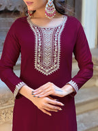 The52 Wine Embroidered Viscose Fabric Straight Kurta, Pant and Dupatta Set | Grocsy
