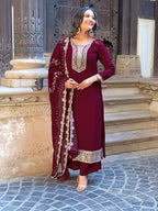 The52 Wine Embroidered Viscose Fabric Straight Kurta, Pant and Dupatta Set | Grocsy