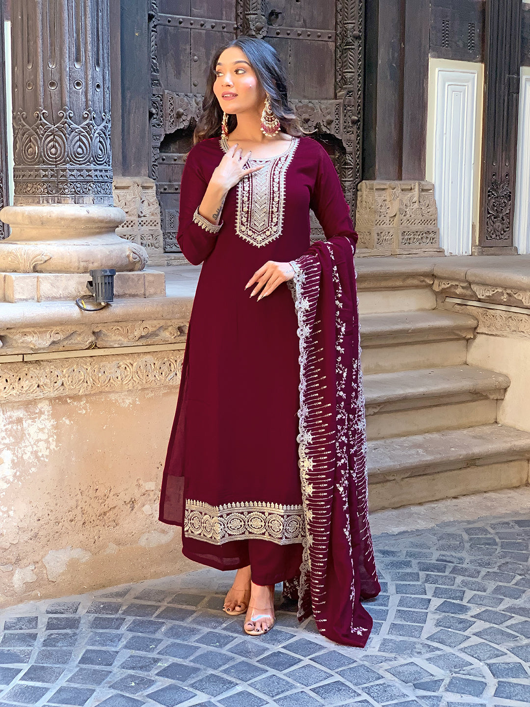 The52 Wine Embroidered Viscose Fabric Straight Kurta, Pant and Dupatta Set | Grocsy