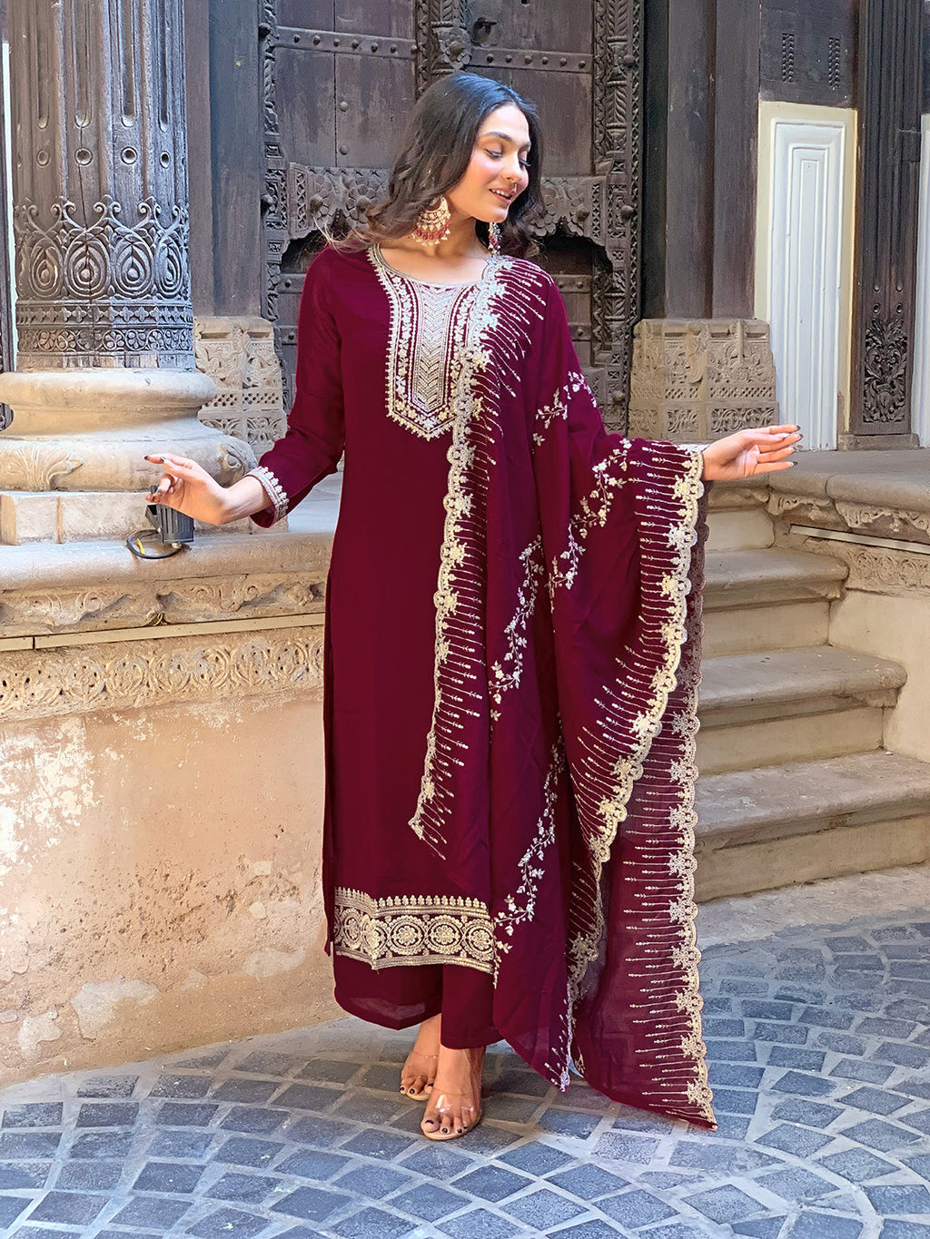 The52 Wine Embroidered Viscose Fabric Straight Kurta, Pant and Dupatta Set | Grocsy