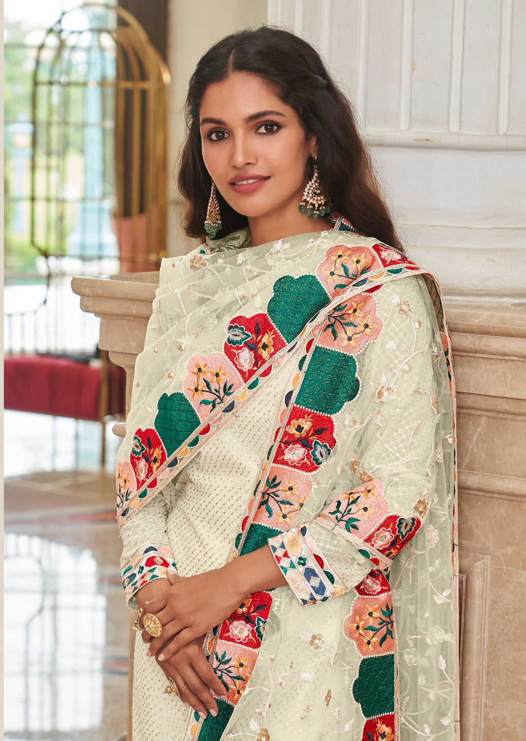 Monjolika Fashion Cream Embroidered Georgette Churidar Salwar Suit | Grocsy