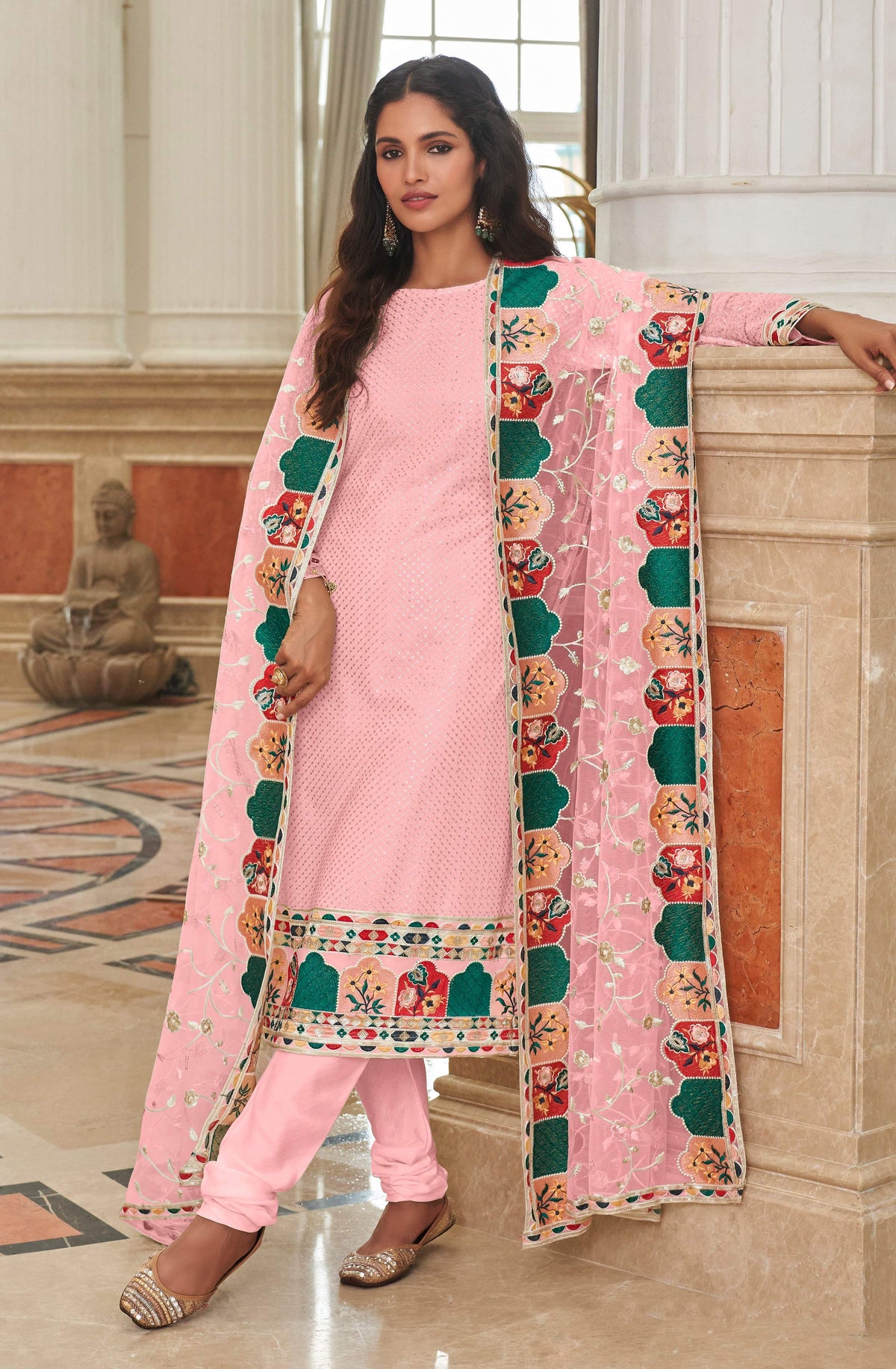 Monjolika Fashion Light Pink Embroidered Georgette Churidar Salwar Suit | Grocsy