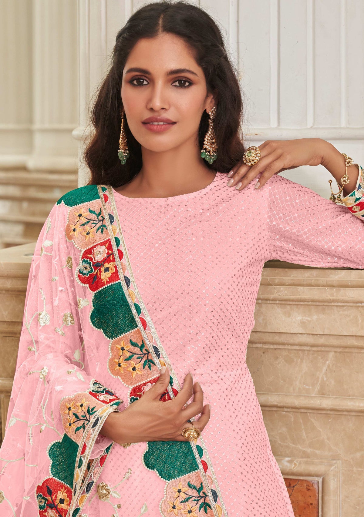 Monjolika Fashion Light Pink Embroidered Georgette Churidar Salwar Suit | Grocsy