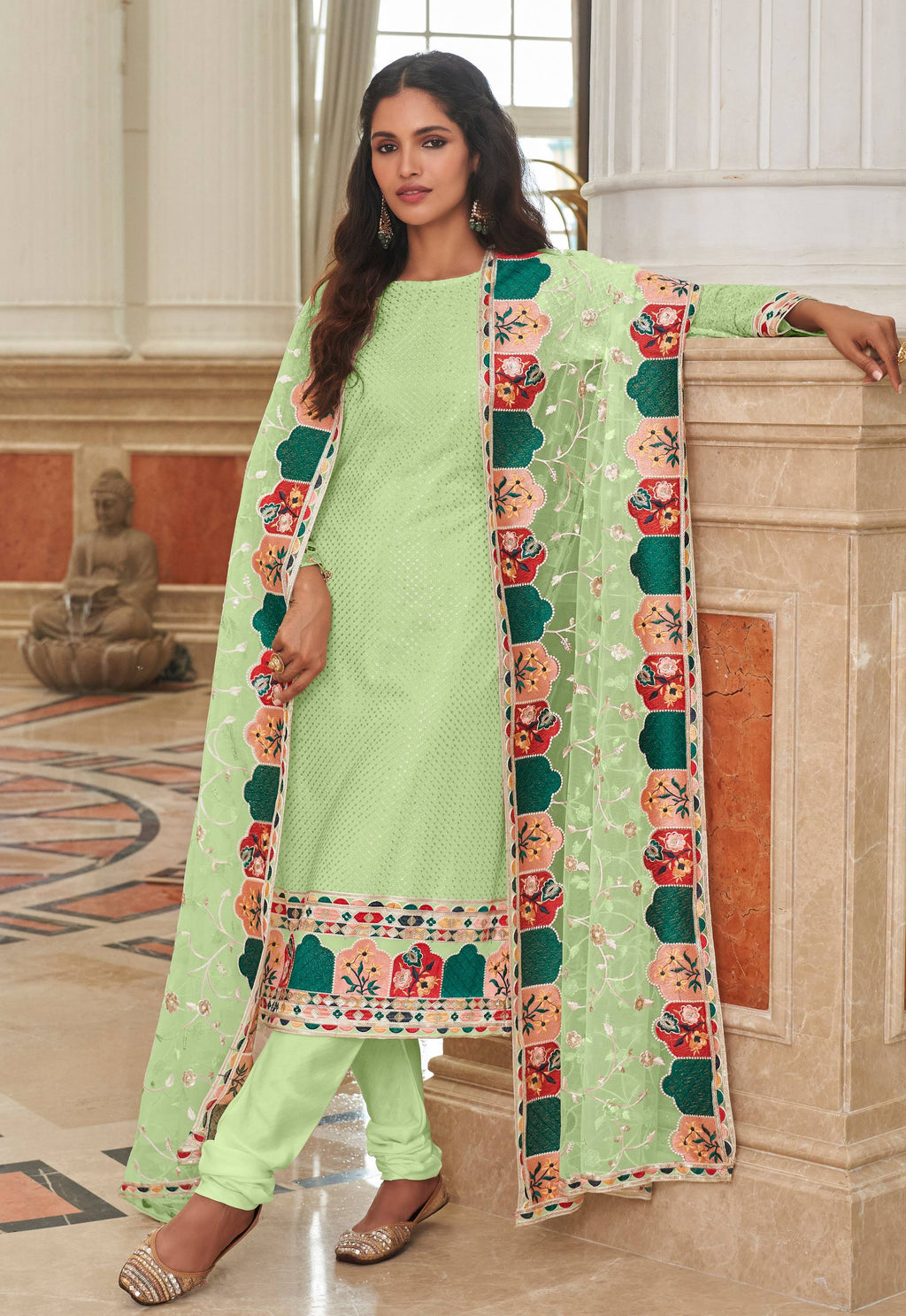 Monjolika Fashion Light Green Embroidered Georgette Churidar Salwar Suit | Grocsy
