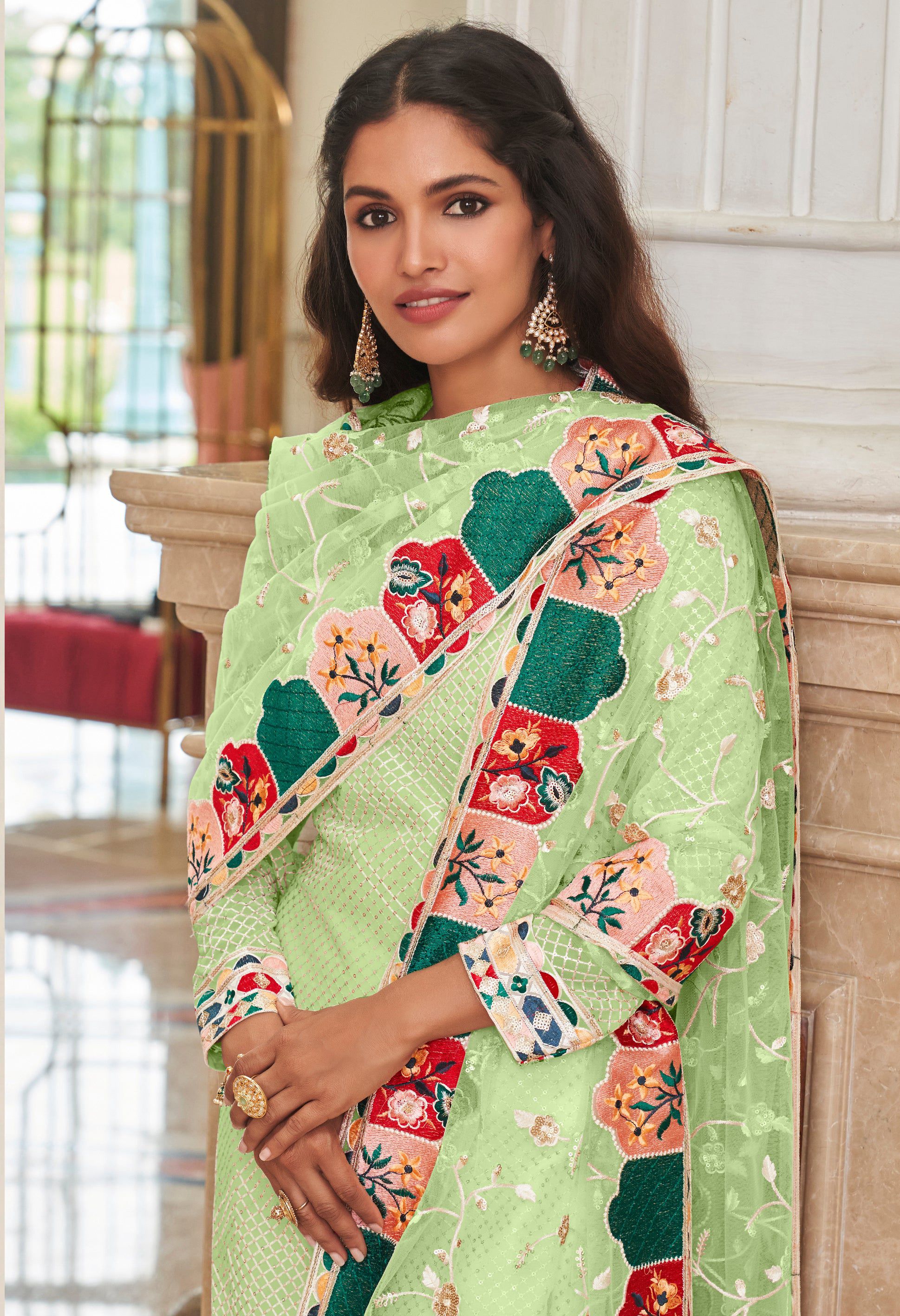 Monjolika Fashion Light Green Embroidered Georgette Churidar Salwar Suit | Grocsy