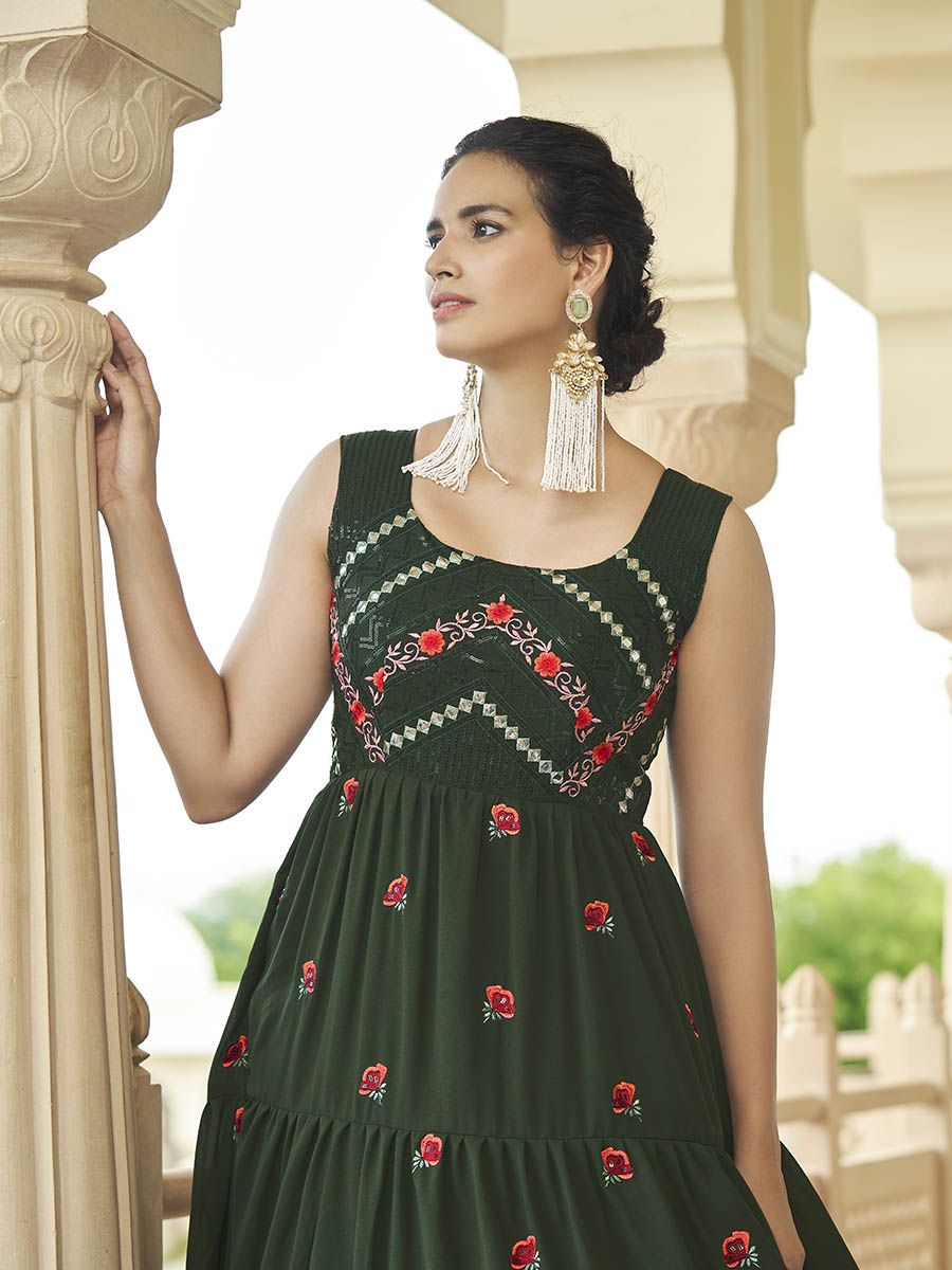 Myra Olive Green Georgette Embroidered Gown | Grocsy