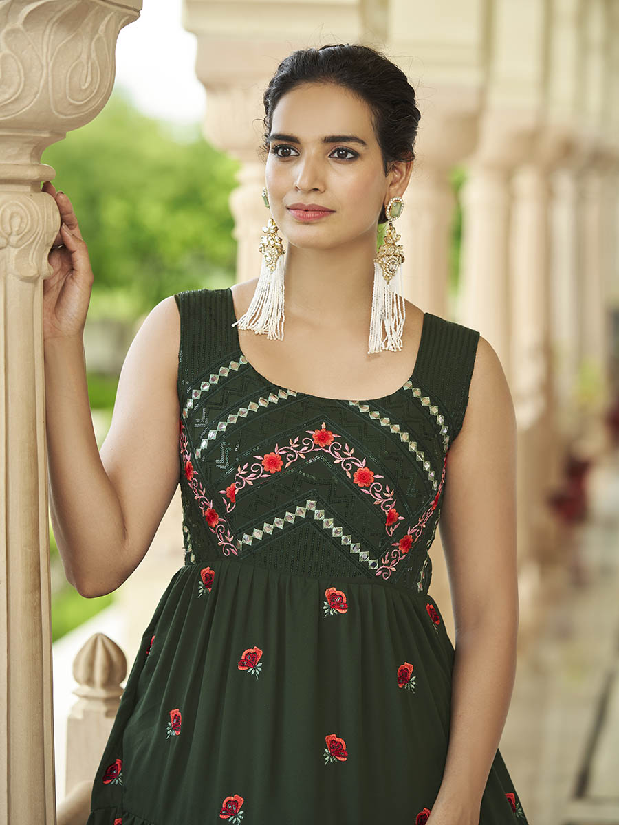 Myra Olive Green Georgette Embroidered Gown | Grocsy