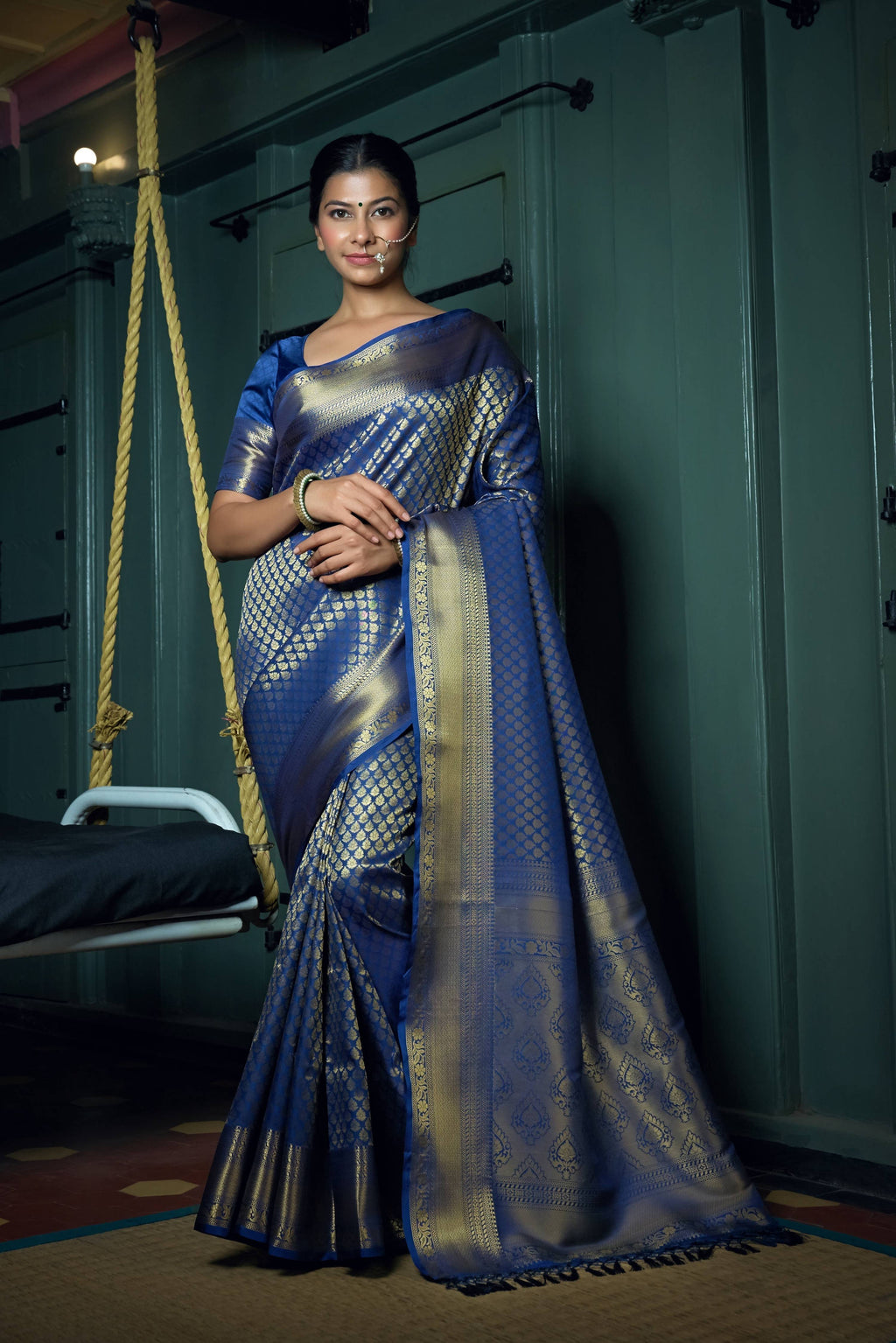 Vardha Cobalt Blue Golden Zari Kanjeevaram Silk Saree | Grocsy