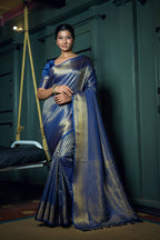 Vardha Cobalt Blue Golden Zari Kanjeevaram Silk Saree | Grocsy