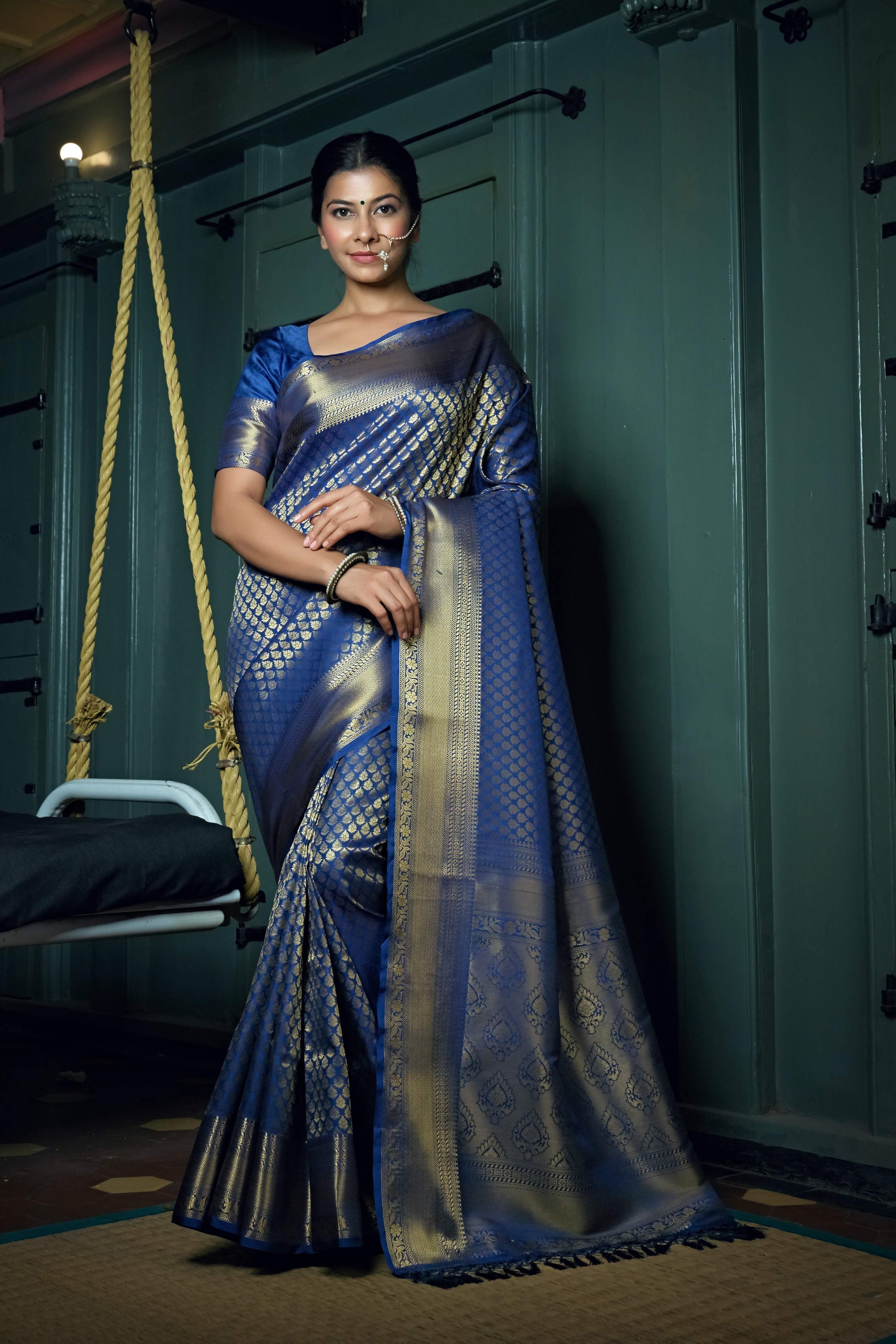 Vardha Cobalt Blue Golden Zari Kanjeevaram Silk Saree | Grocsy