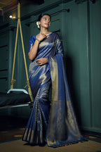 Vardha Cobalt Blue Golden Zari Kanjeevaram Silk Saree | Grocsy