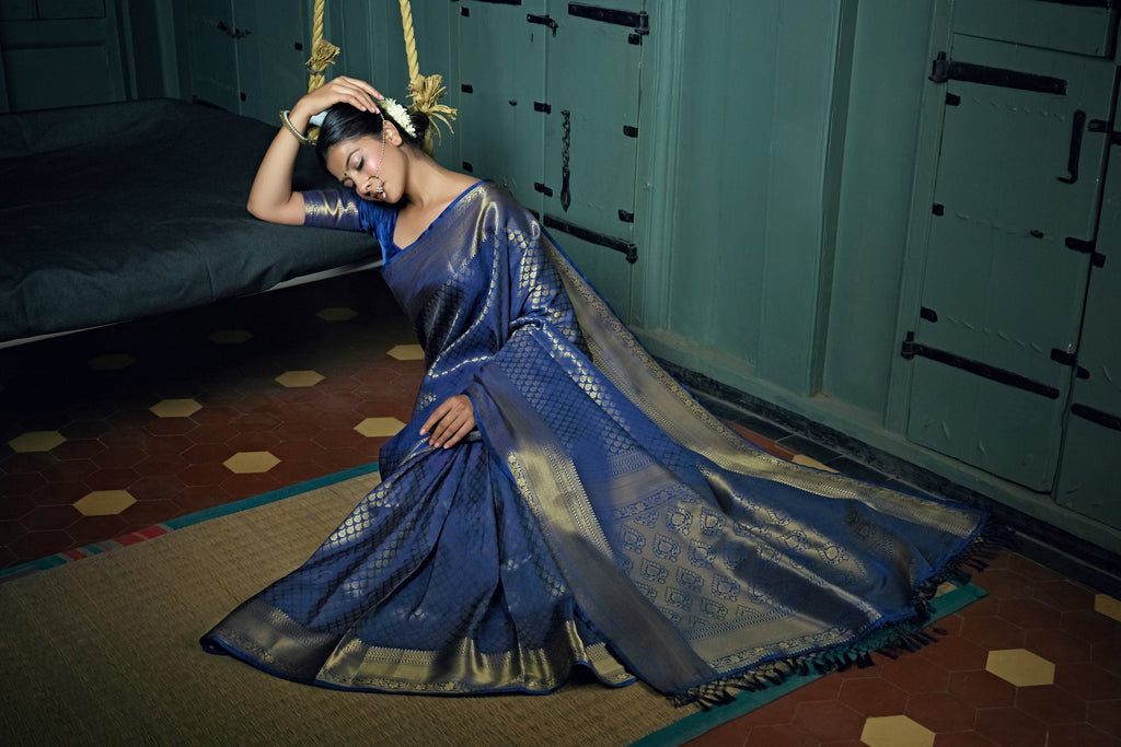 Vardha Cobalt Blue Golden Zari Kanjeevaram Silk Saree | Grocsy