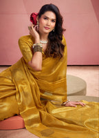 Anaita Mustard Silk Tissue Zari Weaving Work Saree With Blouse Piece | Grocsy