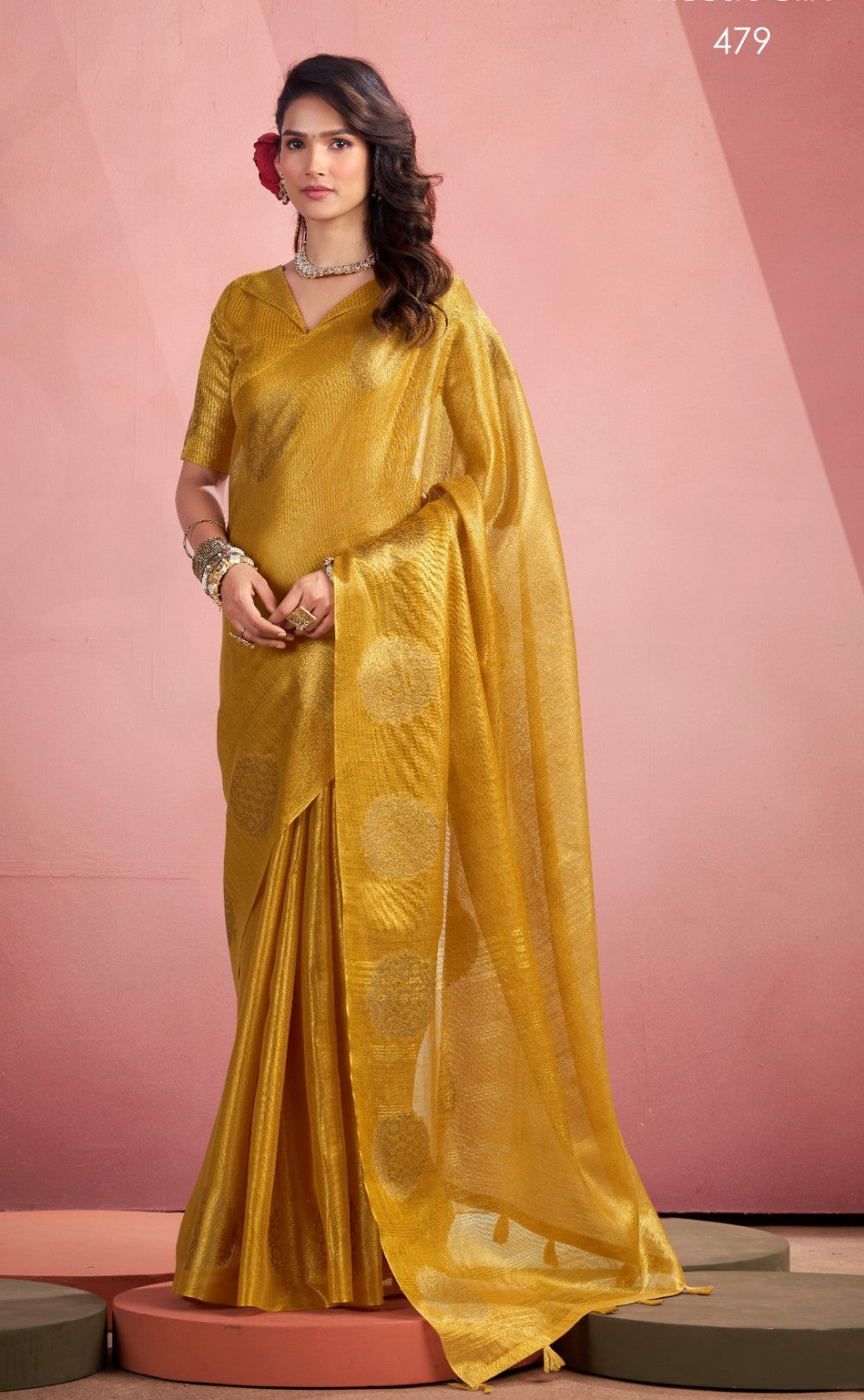 Anaita Mustard Silk Tissue Zari Weaving Work Saree With Blouse Piece | Grocsy