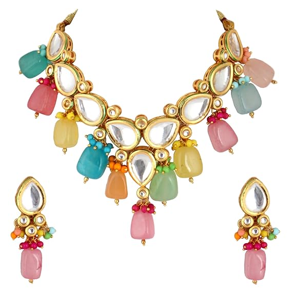 Tehzeeb Creations Meenakari Gold-Polished Multicolor pentagon shape Uncut Kundan Necklace Set | Grocsy