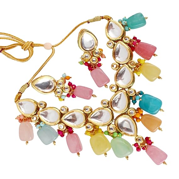 Tehzeeb Creations Meenakari Gold-Polished Multicolor pentagon shape Uncut Kundan Necklace Set | Grocsy
