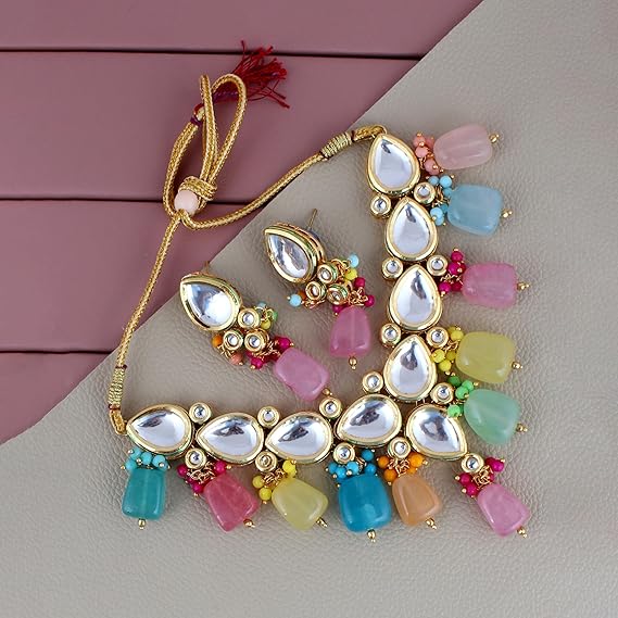 Tehzeeb Creations Meenakari Gold-Polished Multicolor pentagon shape Uncut Kundan Necklace Set | Grocsy