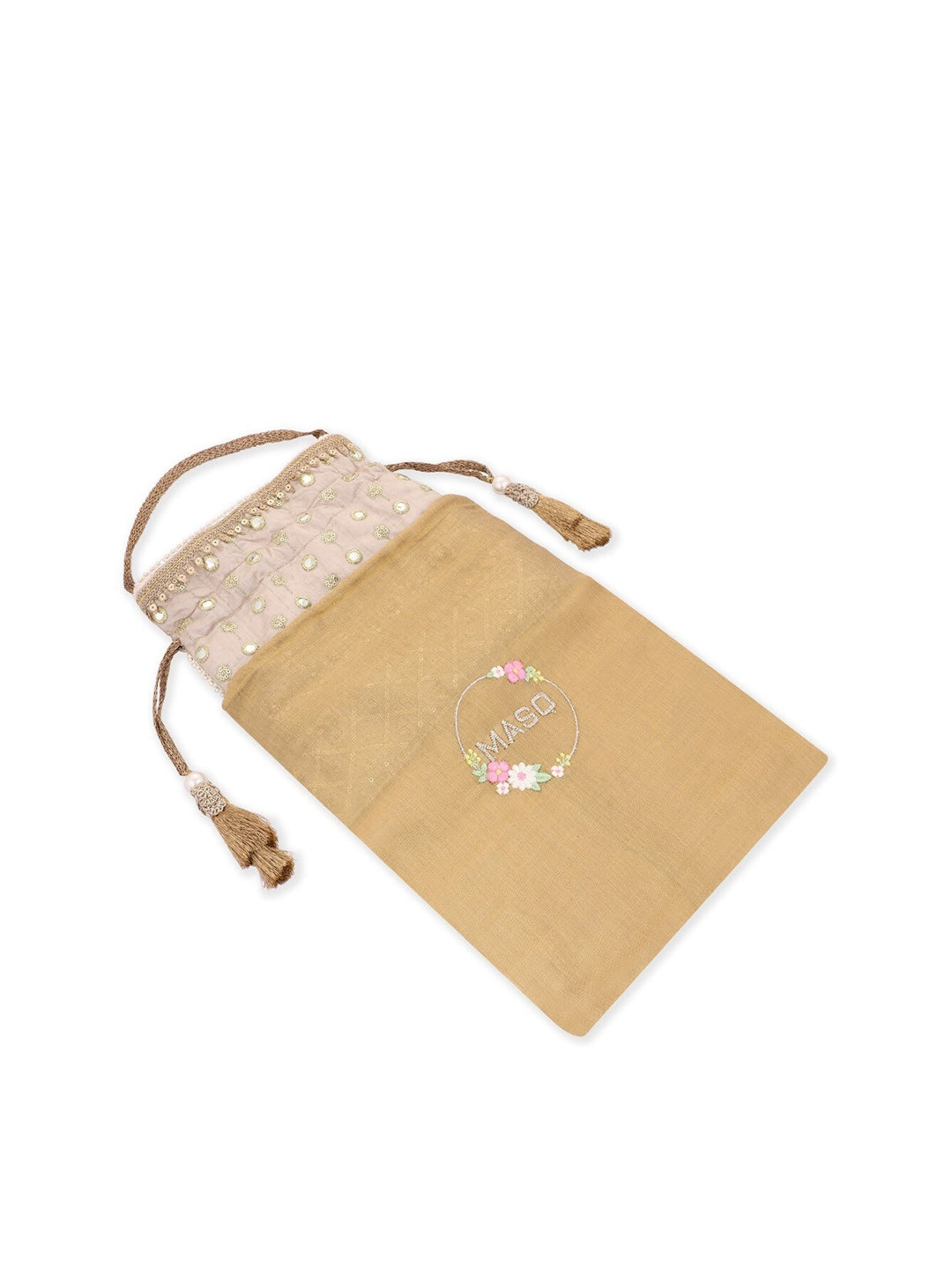 Masq Peach-Coloured & Grey Embroidered Potli Clutch | Grocsy