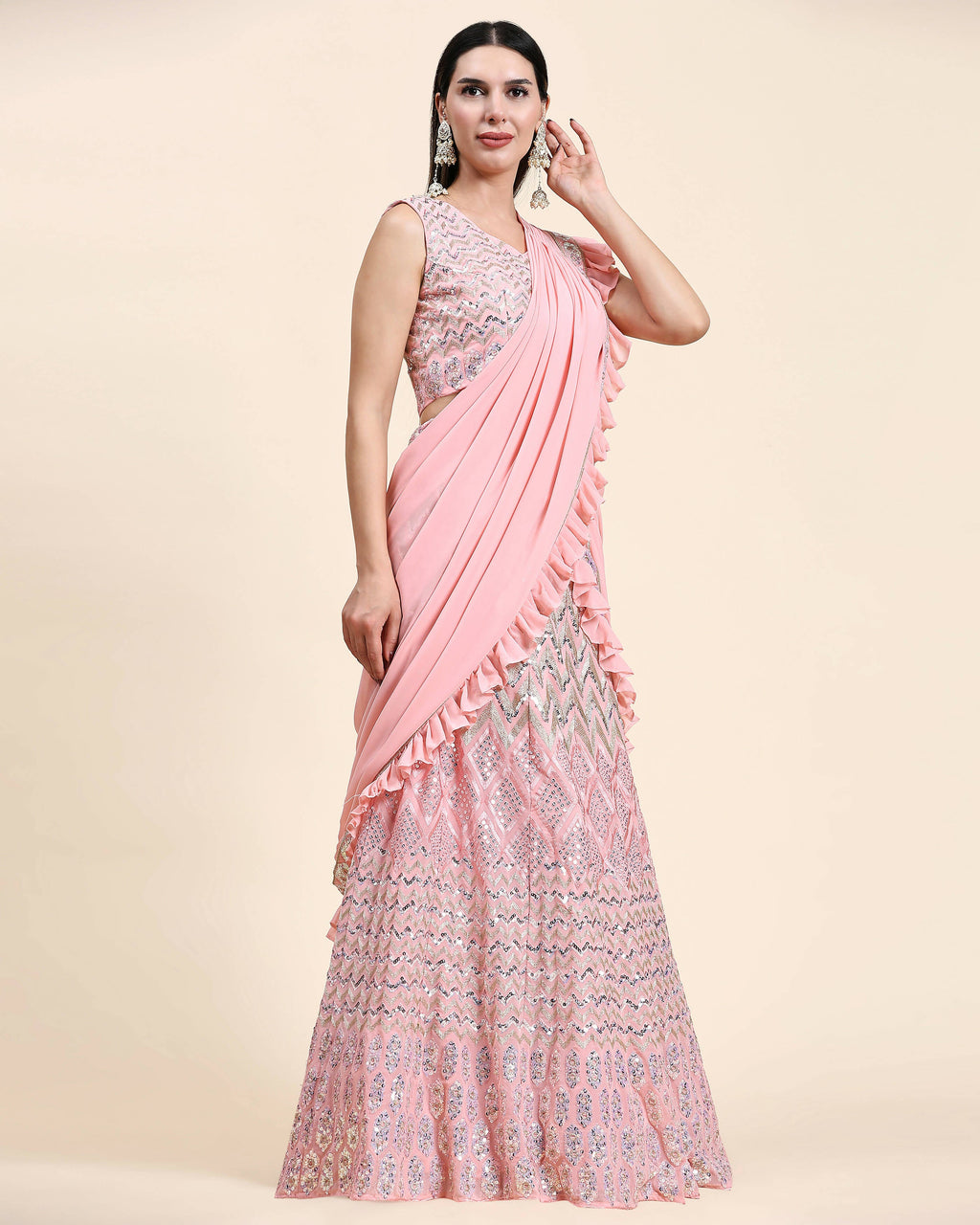 Pink Pure Viscose Georgette Thread With Sequins Embroidery Work Lehenga Choli With Dupatta - Tanya | Grocsy