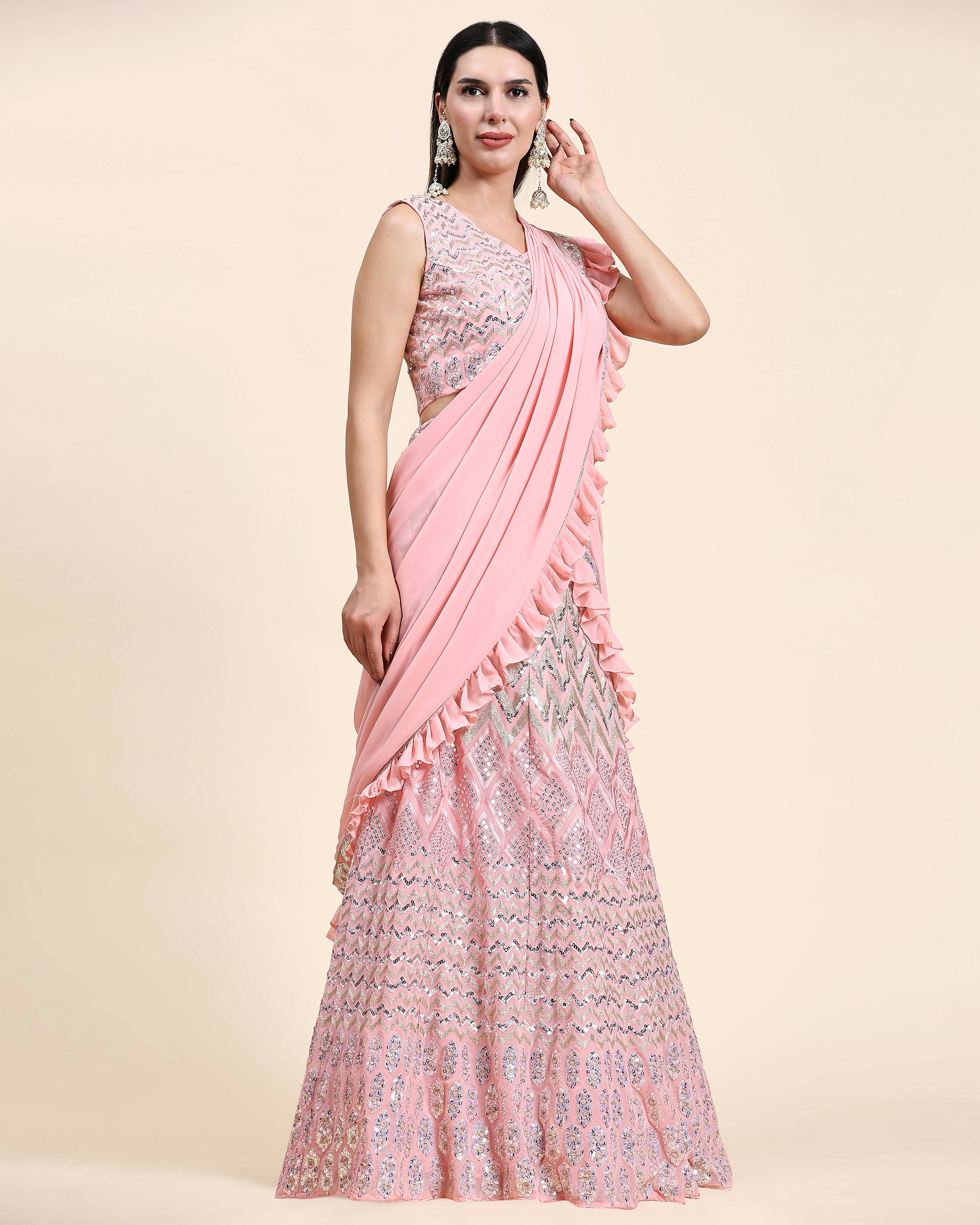 Pink Pure Viscose Georgette Thread With Sequins Embroidery Work Lehenga Choli With Dupatta - Tanya | Grocsy