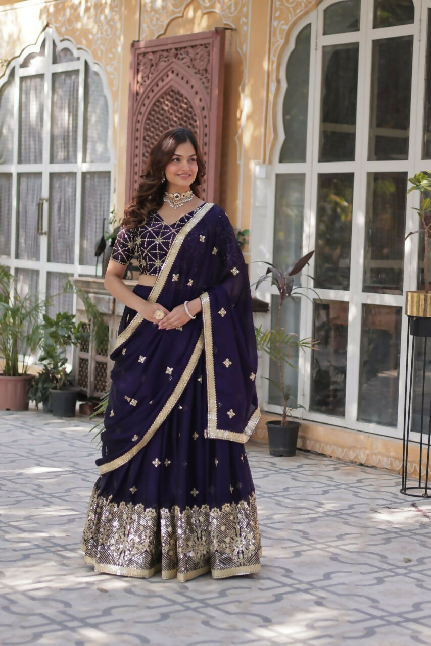 Vastranavya Designer Heavy Sequins & Thread Embroidered work Lehenga Choli - Purple | Grocsy