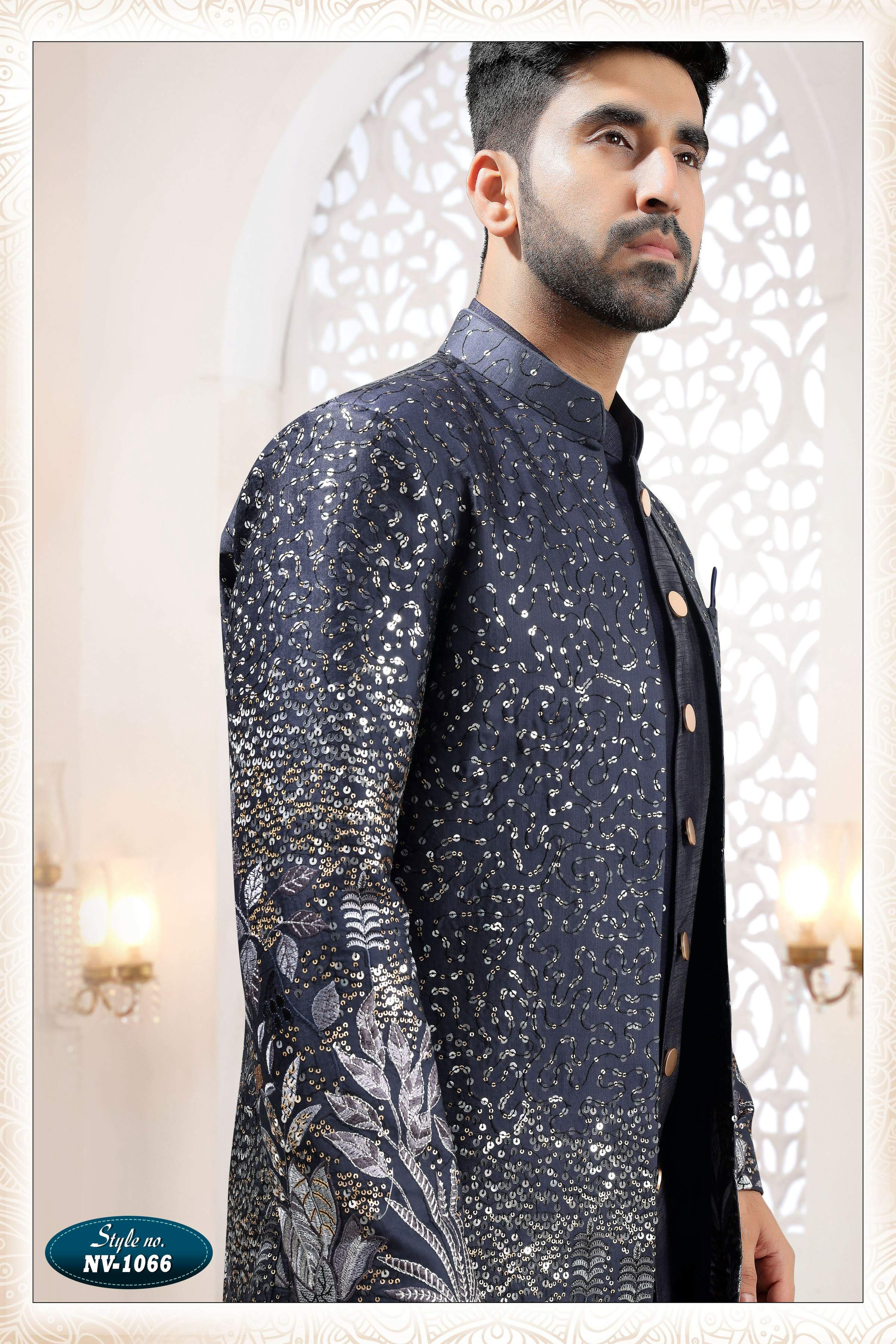 Joban Fashion Men's Blue Straight Silk Thread And Sequence Embroidery All Over 3 Pc Kurta Set | Grocsy