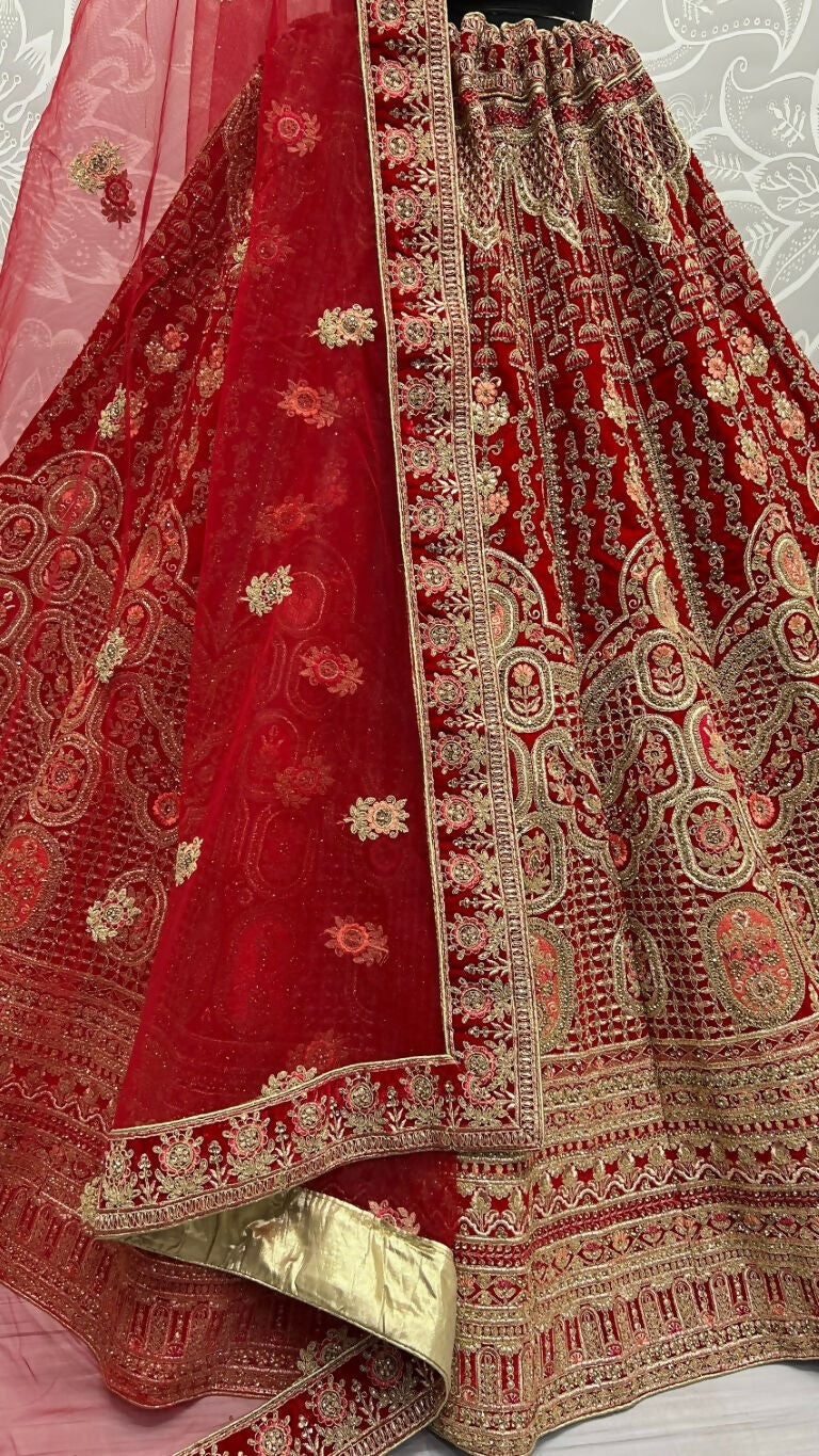 Jyoti Fashion Women's Red Velvet Multi Thread Embroidered with Zircon Diamond Wedding Lehenga Choli | Grocsy