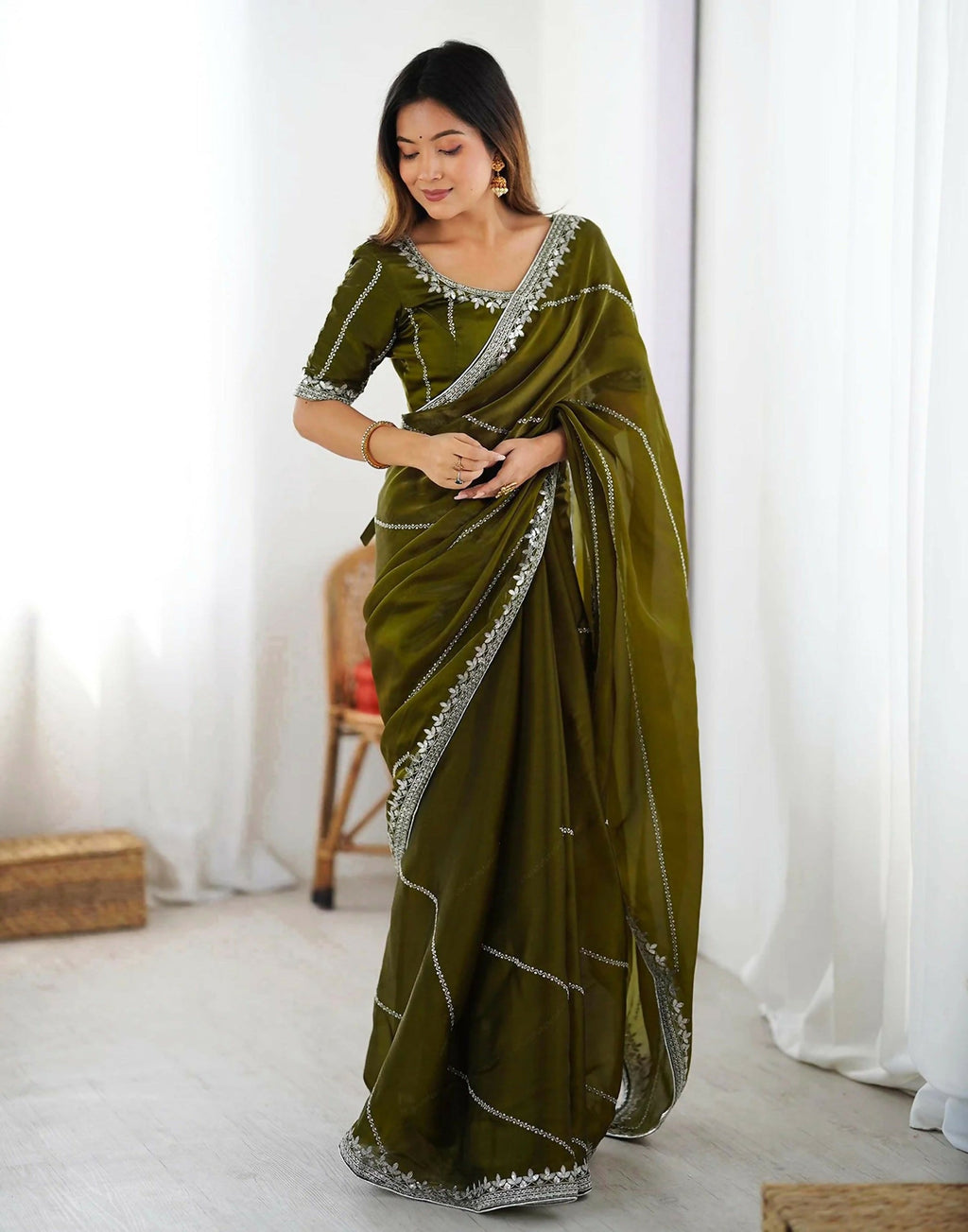 Joban Fashion Tissue Silk Olive Green Color Embroidery Saree | Grocsy