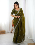 Joban Fashion Tissue Silk Olive Green Color Embroidery Saree | Grocsy