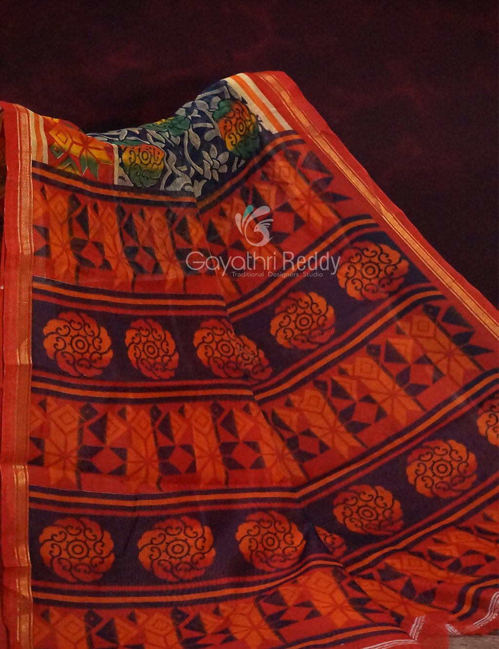 Shades of Dark Navy Blue With Orange Blouse Creeper Design Semi Chanderi Saree By Gayathri Reddy Designer Studio | Grocsy