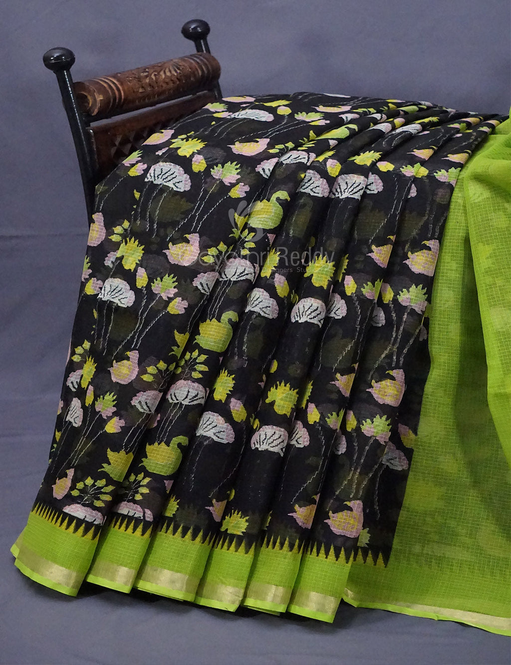 Black and Parrot Green Pichwau Design Pure Kota Cotton Saree By Gayathri Reddy Designer Studio | Grocsy