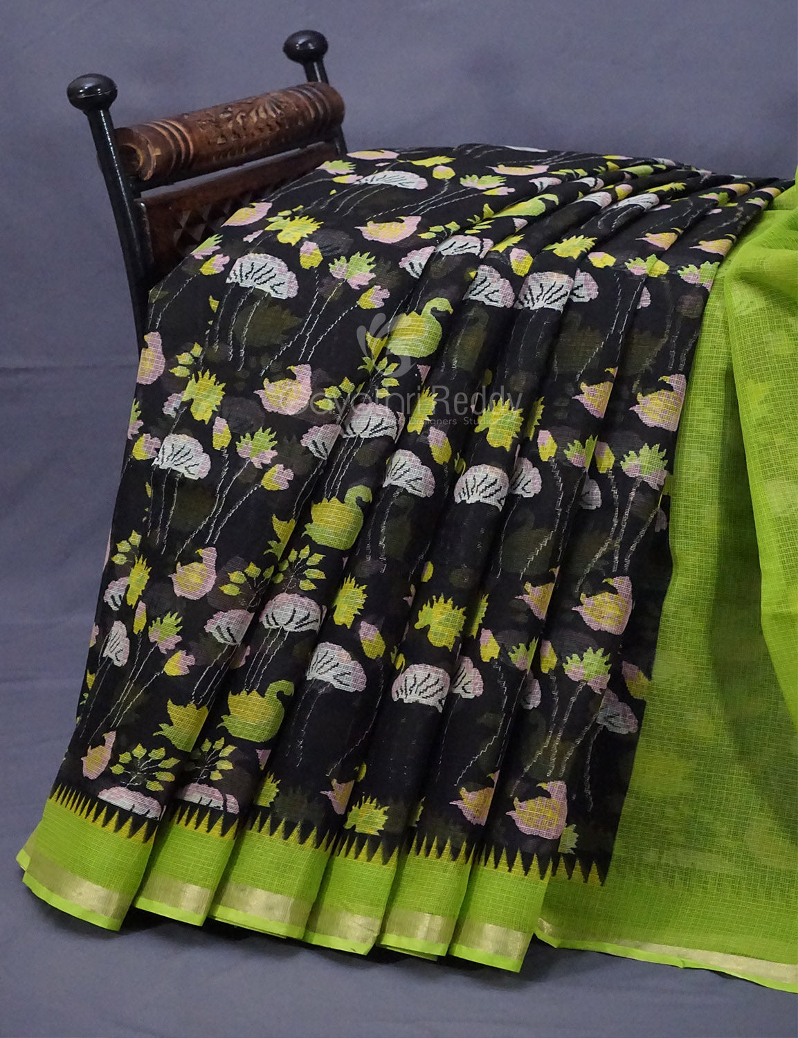 Black and Parrot Green Pichwau Design Pure Kota Cotton Saree By Gayathri Reddy Designer Studio | Grocsy