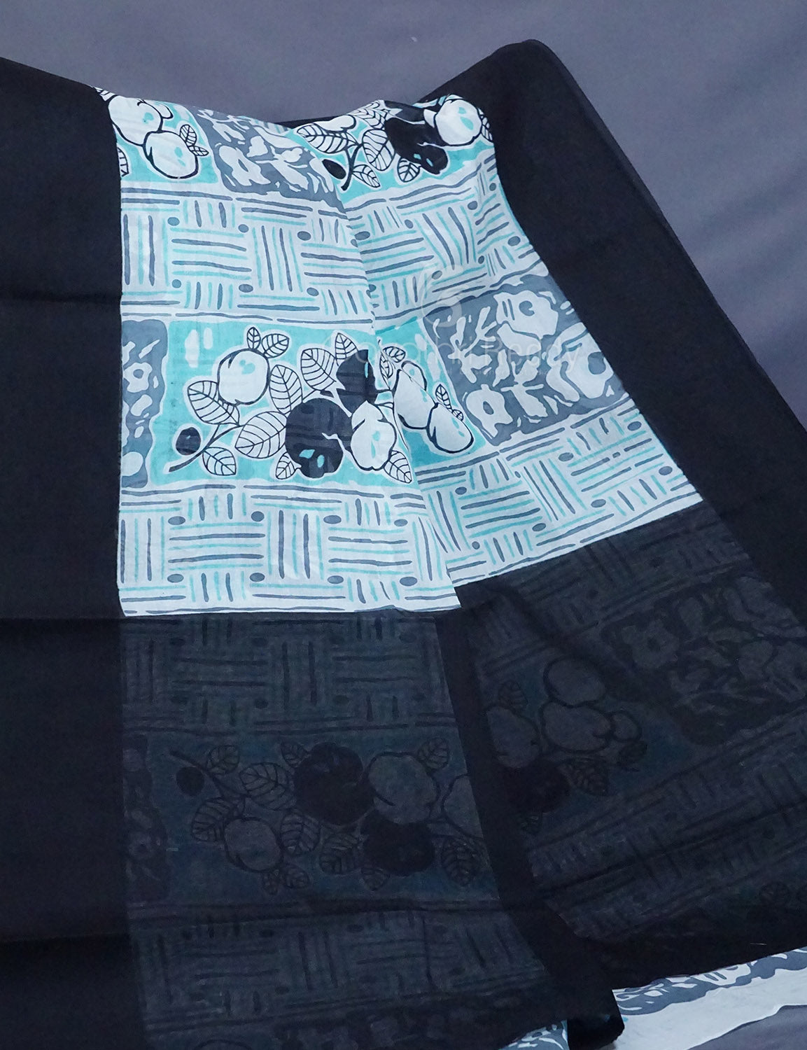 Shades of Sky Blue And Black Colour Floral Print Pure Mulmul Cotton Saree By Gayathri Reddy Designer Studio | Grocsy