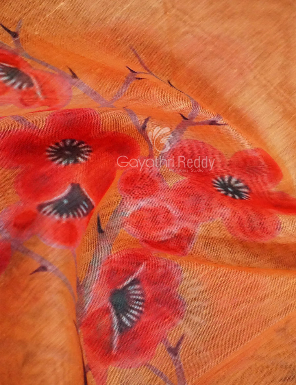 Shades of Light Orange Floral Print Semi Chanderi Saree By Gayathri Reddy Designer Studio | Grocsy