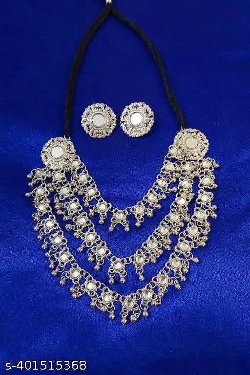 Tehzeeb Creations Women's Silver Colour Oxidised Necklace Set With Mirror Work | Grocsy