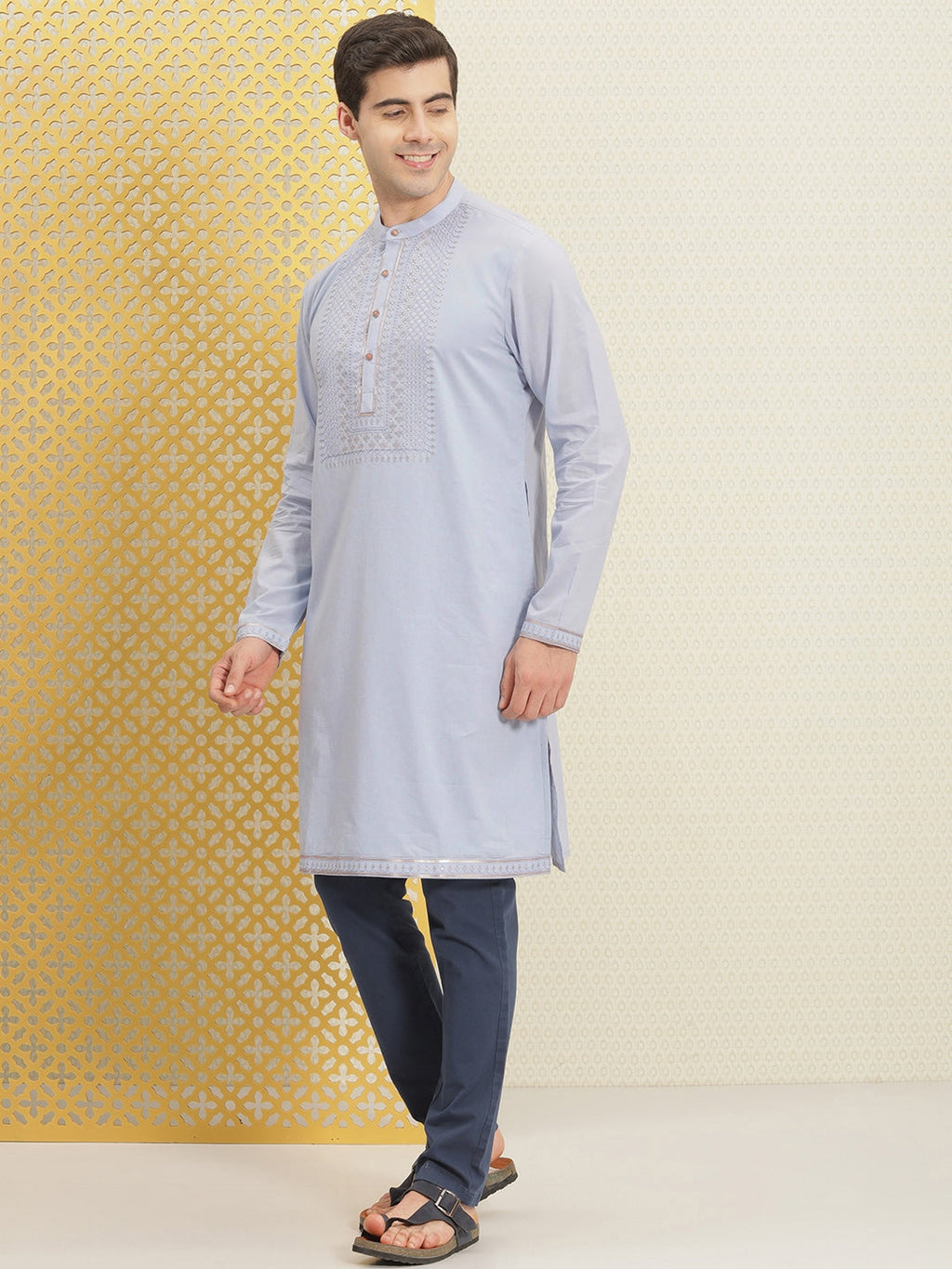 House of Pataudi Jashn Pure Cotton Yoke Design Sequinned Kurta | Grocsy