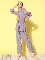 InWeave Women's Blue Pink Ogee Print Belted Coord Set | Grocsy